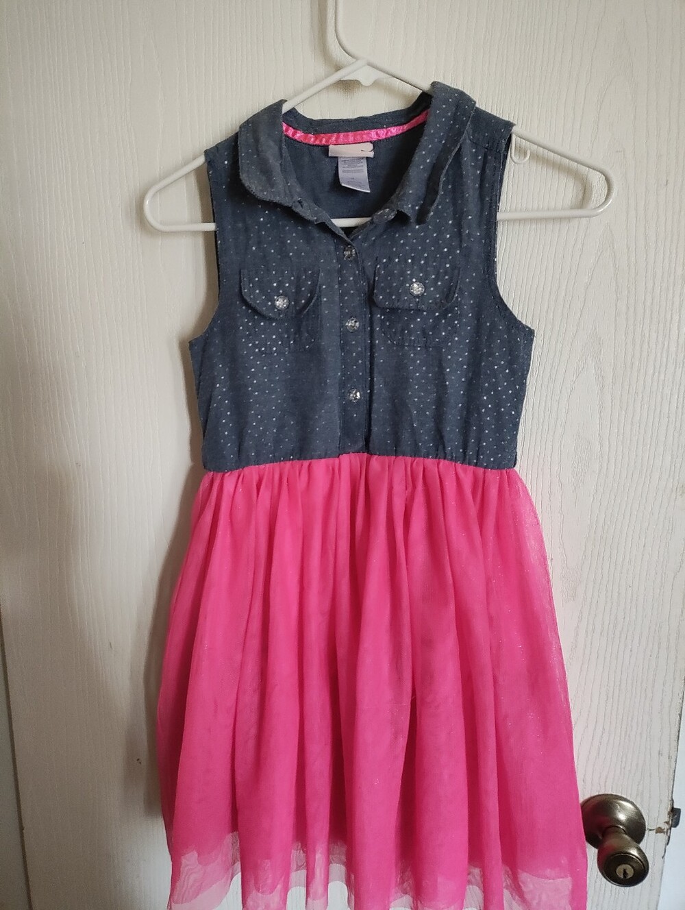 Little Lass Dark Chambray Top with Hot Pink Tulle Skirt Dress